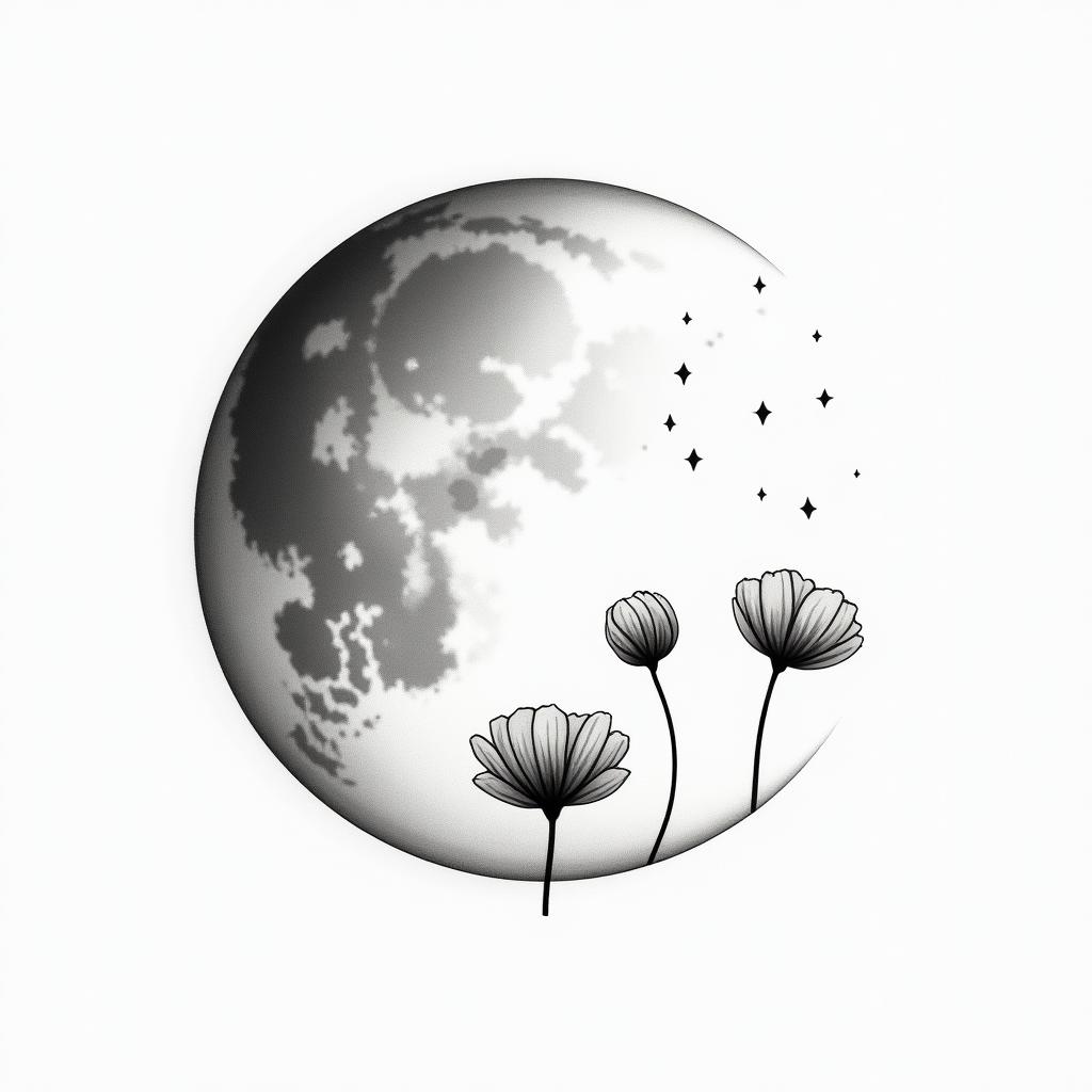 Poppy moon phasesin minimalist style tattoo, featuring simple shapes and fine lines, with minimal shading and details, tiny triangles, creating a sense of balance and harmony - Variation 2