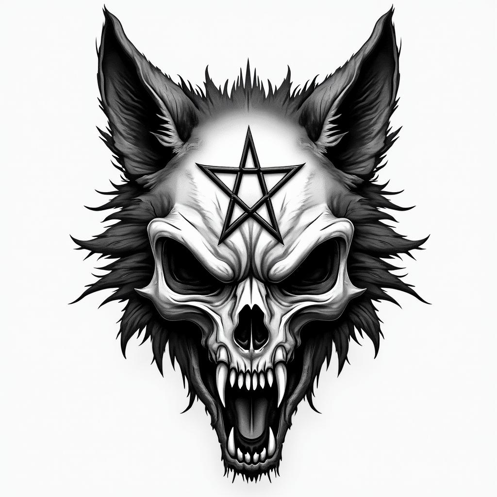 Wolf headcreepy horror tattoo style, featuring an eerie and unsettling skull of a demonic creature, distorted face with sharp fangs, add pentagram symbol - Variation 4