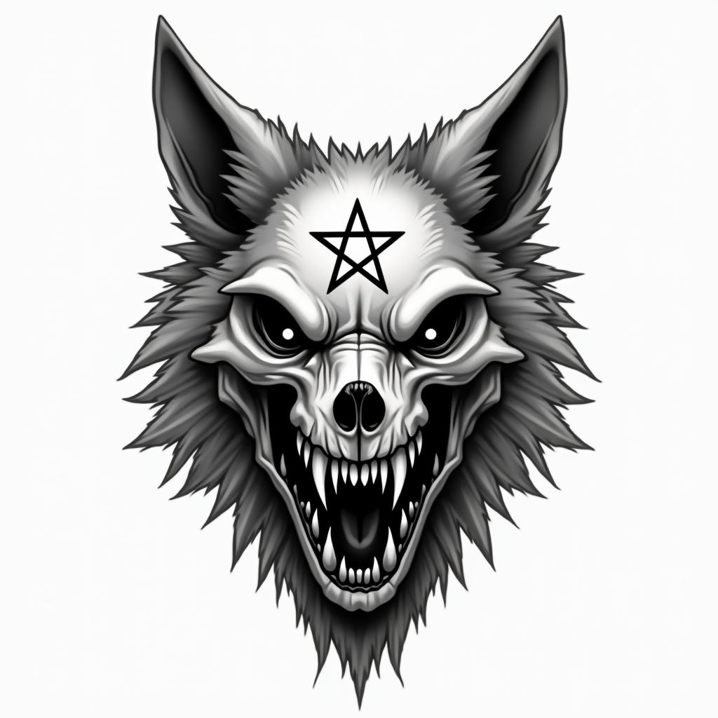 Wolf headcreepy horror tattoo style, featuring an eerie and unsettling skull of a demonic creature, distorted face with sharp fangs, add pentagram symbol