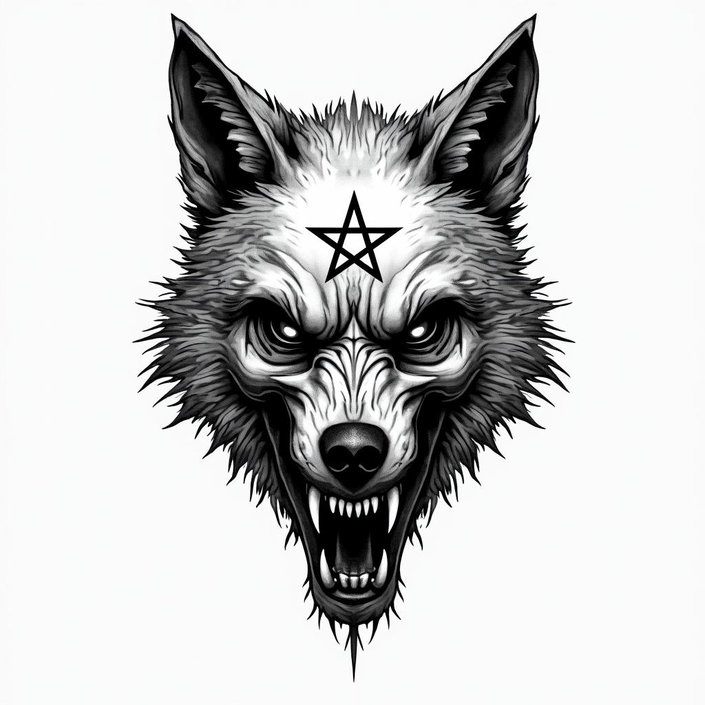 Wolf headcreepy horror tattoo style, featuring an eerie and unsettling skull of a demonic creature, distorted face with sharp fangs, add pentagram symbol - Variation 3