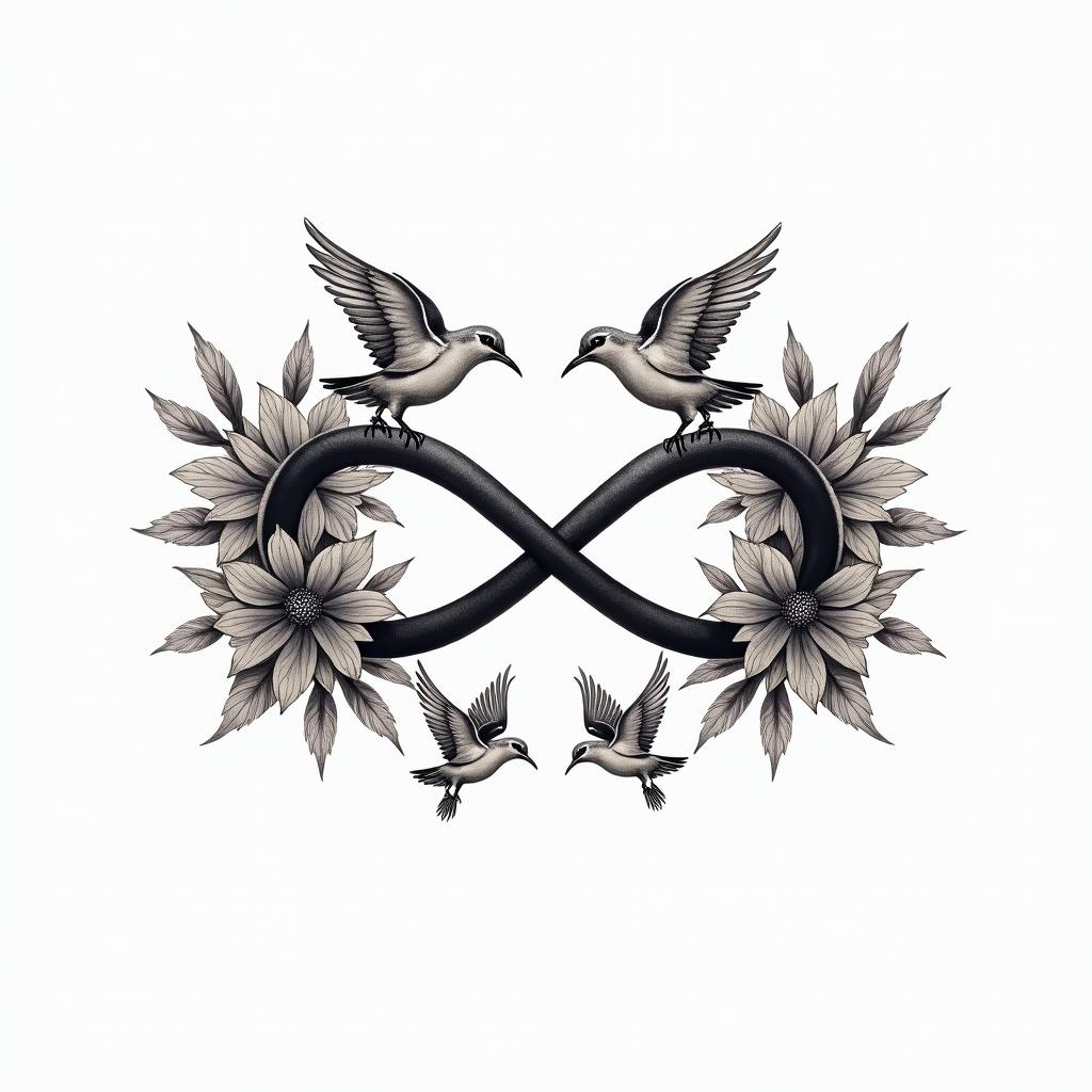 Infinity
with the names Haley, Gabby, Kal-El & Arthur. Add flowers, 2 birds and color.higly detailed tattoo - Variation 2