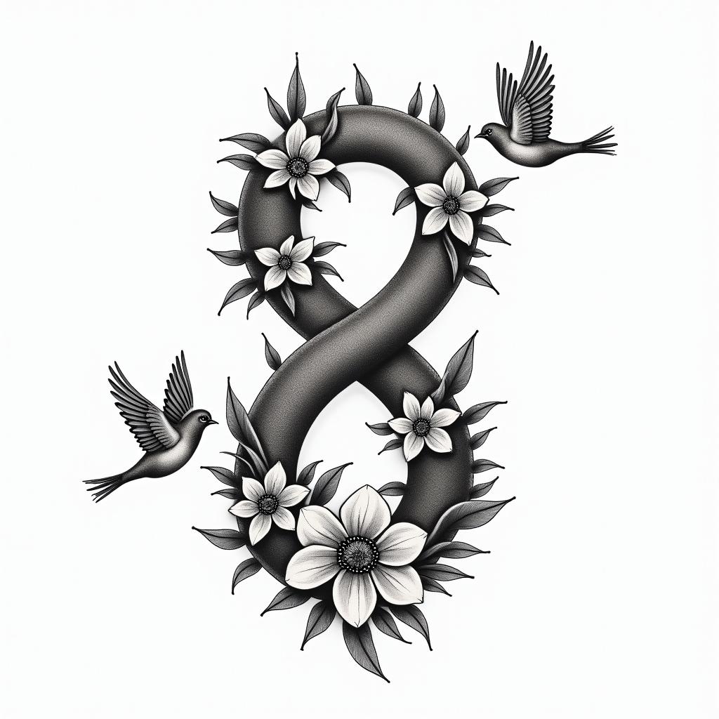 Infinity
with the names Haley, Gabby, Kal-El & Arthur. Add flowers, 2 birds and color.higly detailed tattoo - Variation 3