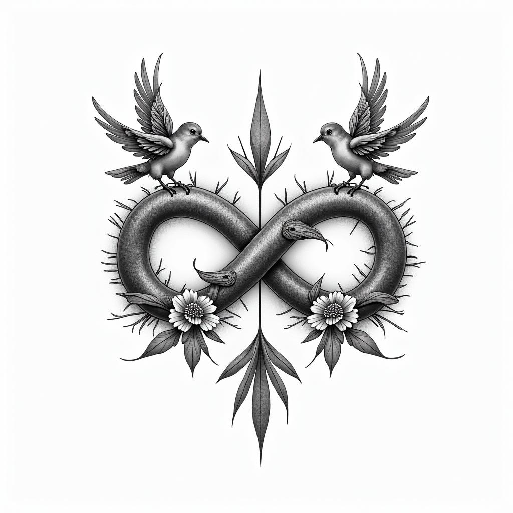 Infinity
with the names Haley, Gabby, Kal-El & Arthur. Add flowers, 2 birds and color.higly detailed tattoo - Variation 4
