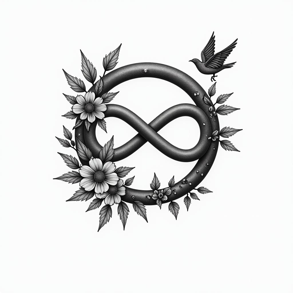 Infinity
with the names Haley, Gabby, Kal-El & Arthur. Add flowers, 2 birds and color.higly detailed tattoo