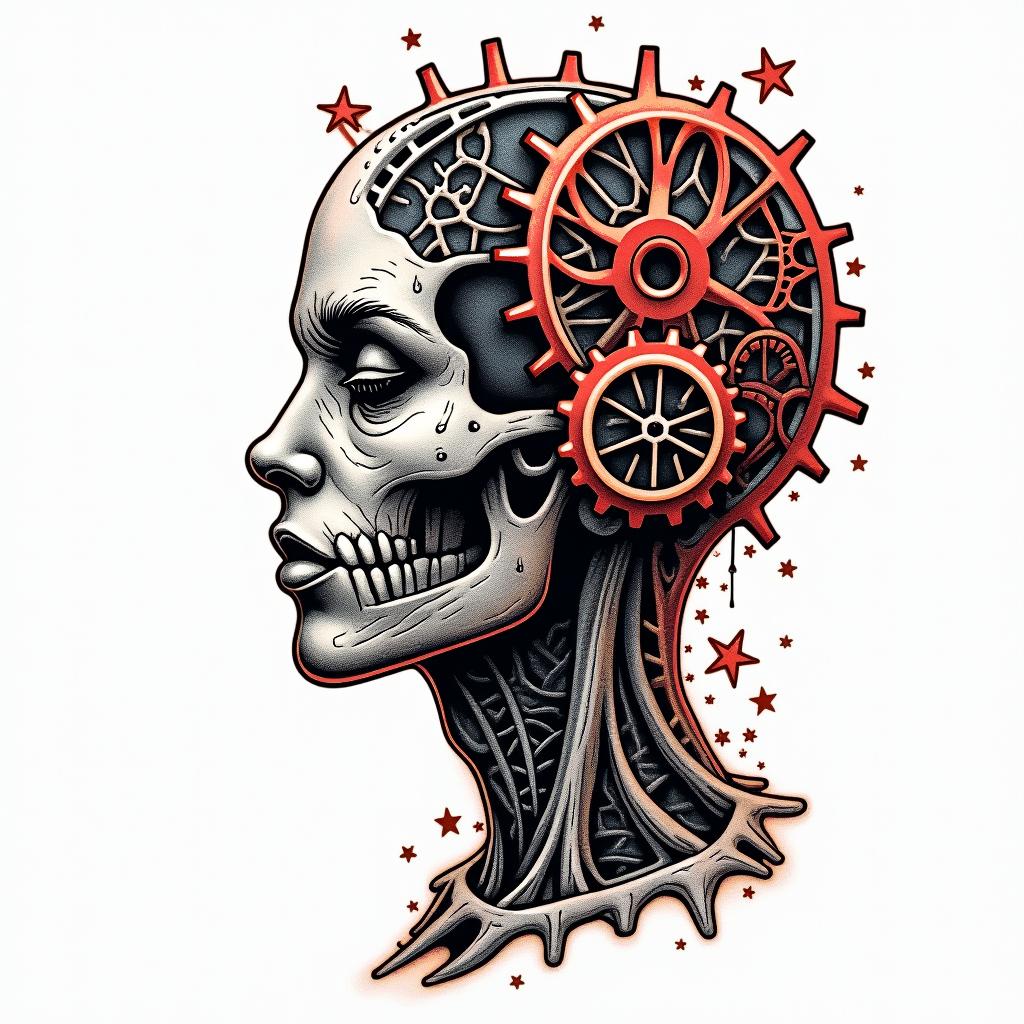 Mechanical gears fused with human anatomy.in pop art style tattoo, featuring bold and vibrant colors, exaggerated outlines, iconic imagery, inspired by comic books and speech bubbles, comic book characters, retro pop culture