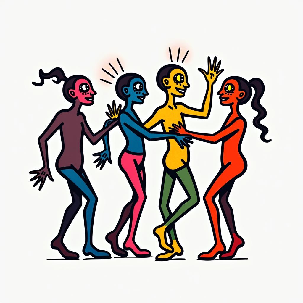 Horror carnival abstract dancing figures in Keith Haring style, featuring bold black outlines and solid color fills, figures posed in dynamic and playful dance movements, minimalist design