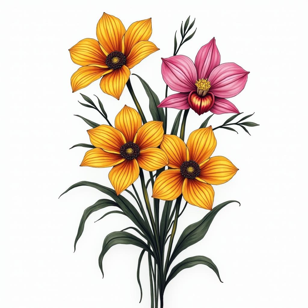 Bouquet of golden poppies, Rocky Mountain columbine, pink lady slippers orchidshigly detailed tattoo - Variation 4