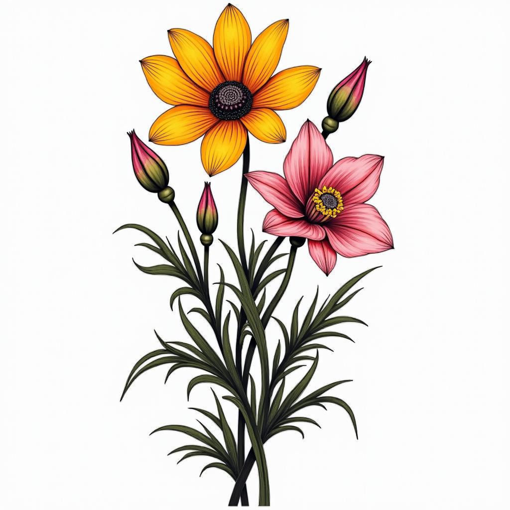 Bouquet of golden poppies, Rocky Mountain columbine, pink lady slippers orchidshigly detailed tattoo - Variation 3