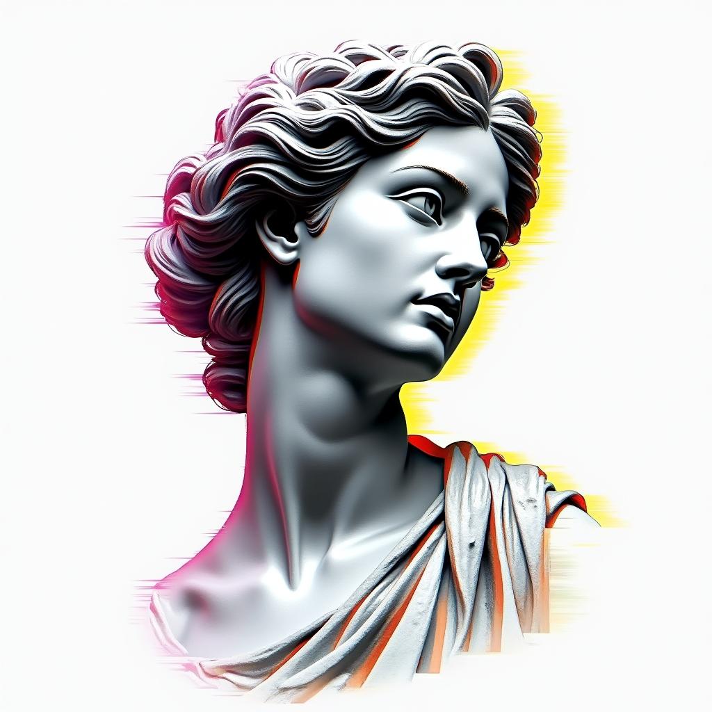 Momin distorted and fragmented tattoo design, featuring a classical statue bust, in a glitch art style with vibrant, overlapping colors of cyan, magenta, and yellow, creating a digital distortion effect - Variation 4