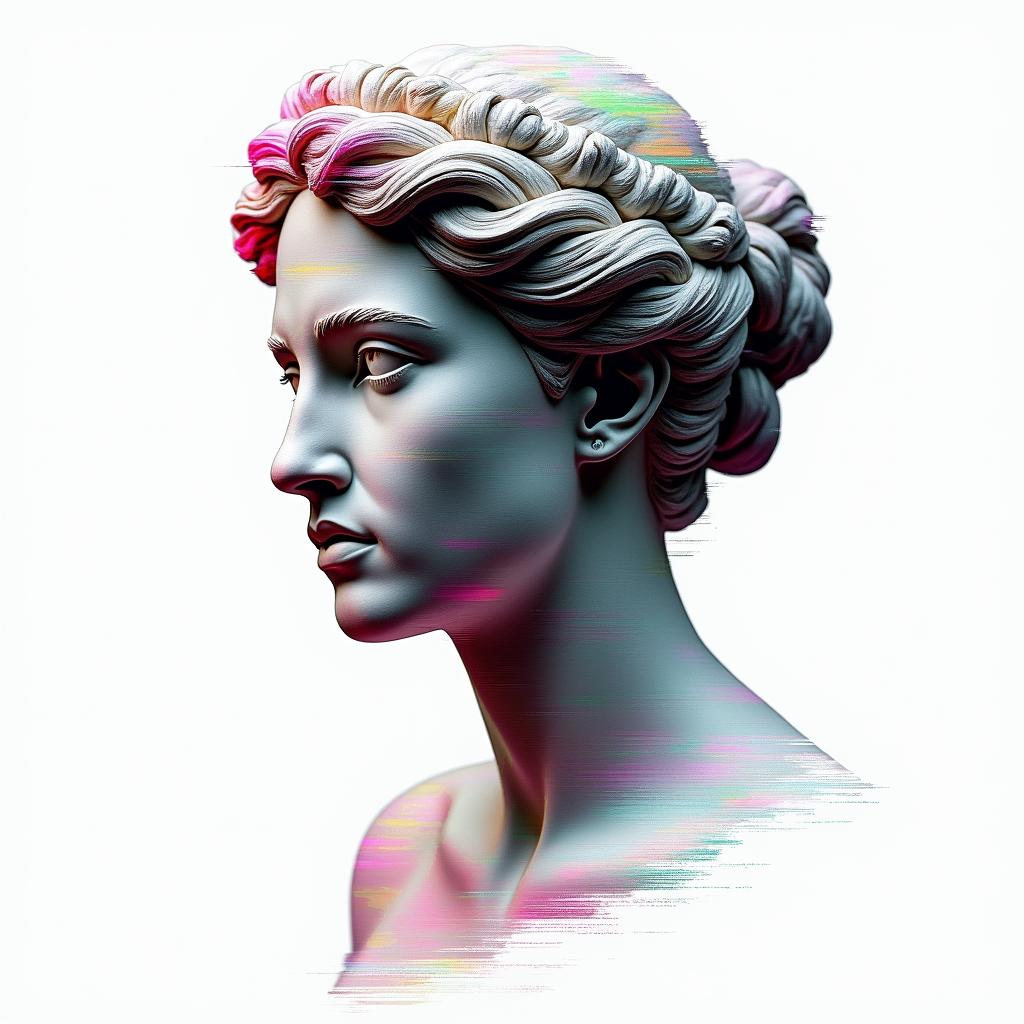 Momin distorted and fragmented tattoo design, featuring a classical statue bust, in a glitch art style with vibrant, overlapping colors of cyan, magenta, and yellow, creating a digital distortion effect