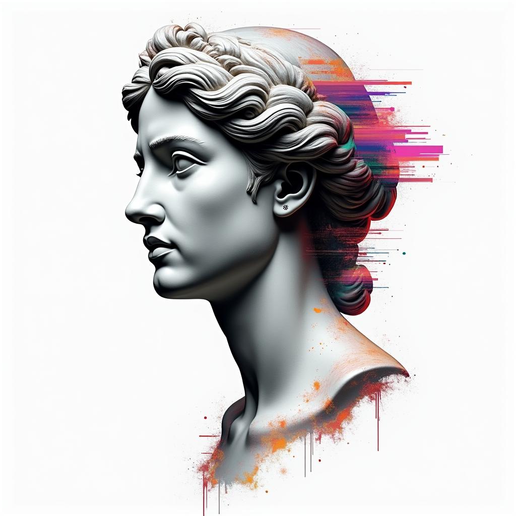 Momin distorted and fragmented tattoo design, featuring a classical statue bust, in a glitch art style with vibrant, overlapping colors of cyan, magenta, and yellow, creating a digital distortion effect - Variation 2