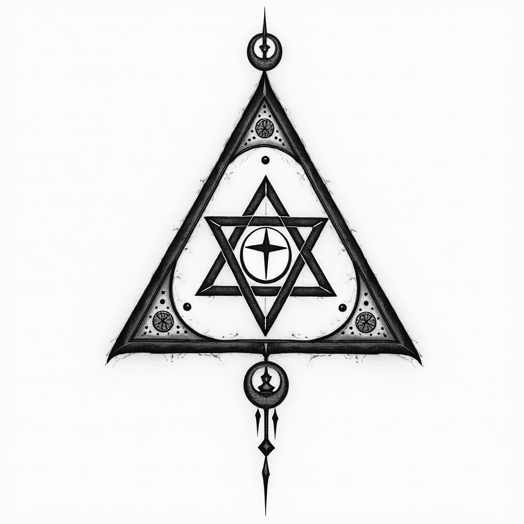 Simple triangle with a line throughin paganic style tattoo, featuring ancient symbols, add vegvisir symbol, mystical figures, incorporating designs, pentagrams, runes, crescent moons, - Variation 2