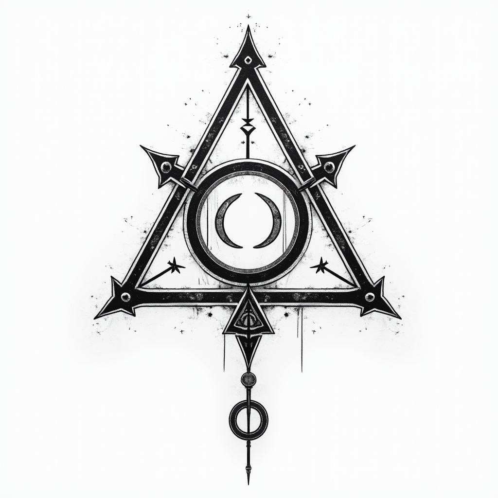 Simple triangle with a line throughin paganic style tattoo, featuring ancient symbols, add vegvisir symbol, mystical figures, incorporating designs, pentagrams, runes, crescent moons, - Variation 4