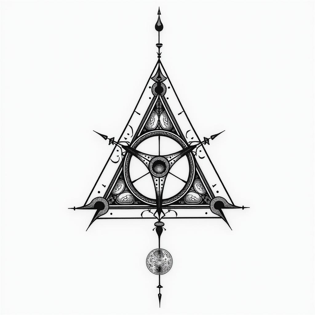 Simple triangle with a line throughin paganic style tattoo, featuring ancient symbols, add vegvisir symbol, mystical figures, incorporating designs, pentagrams, runes, crescent moons, - Variation 3