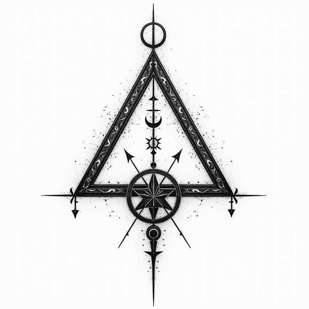 Simple triangle with a line throughin paganic style tattoo, featuring ancient symbols, add vegvisir symbol, mystical figures, incorporating designs, pentagrams, runes, crescent moons,