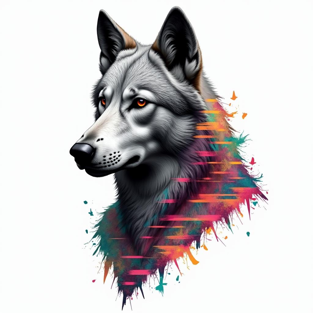 Wolfin distorted and fragmented tattoo design, featuring a classical statue bust, in a glitch art style with vibrant, overlapping colors of cyan, magenta, and yellow, creating a digital distortion effect - Variation 4