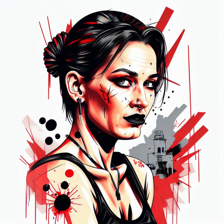 trash polka tattoo style, showcasing bold black and red ink with dynamic brush strokes and splatters. Incorporates abstract elements and expressive, chaotic lines on a solid white background. Detailed design with a high-contrast soft colored near white toned look, blending realism and abstraction to create an intense visual impactundefined - Variation 3