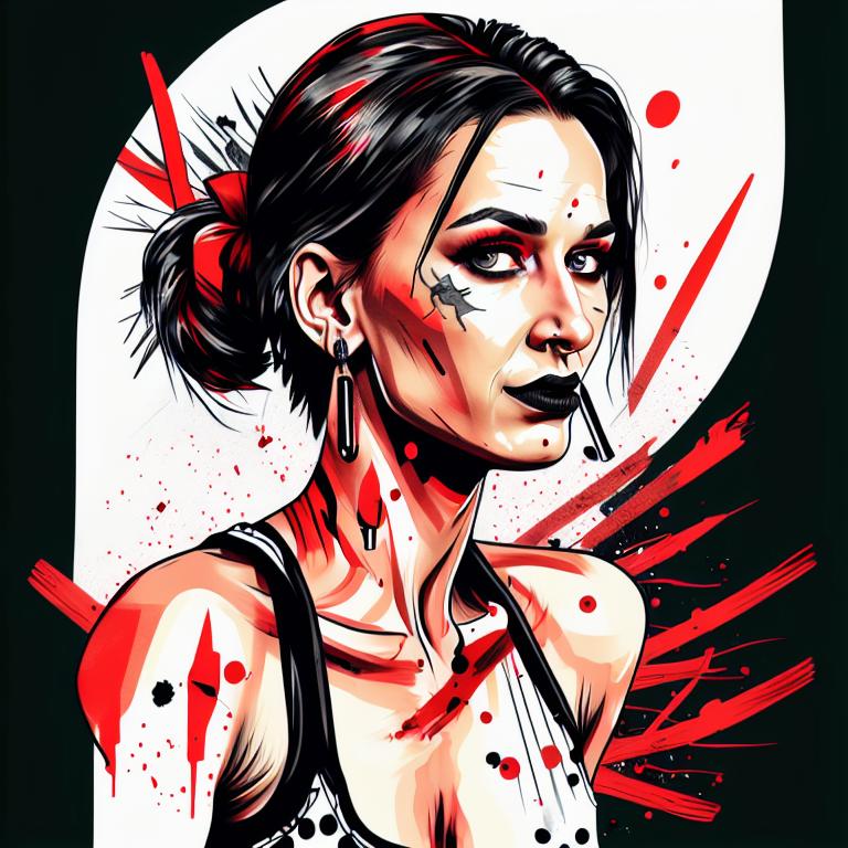 trash polka tattoo style, showcasing bold black and red ink with dynamic brush strokes and splatters. Incorporates abstract elements and expressive, chaotic lines on a solid white background. Detailed design with a high-contrast soft colored near white toned look, blending realism and abstraction to create an intense visual impactundefined