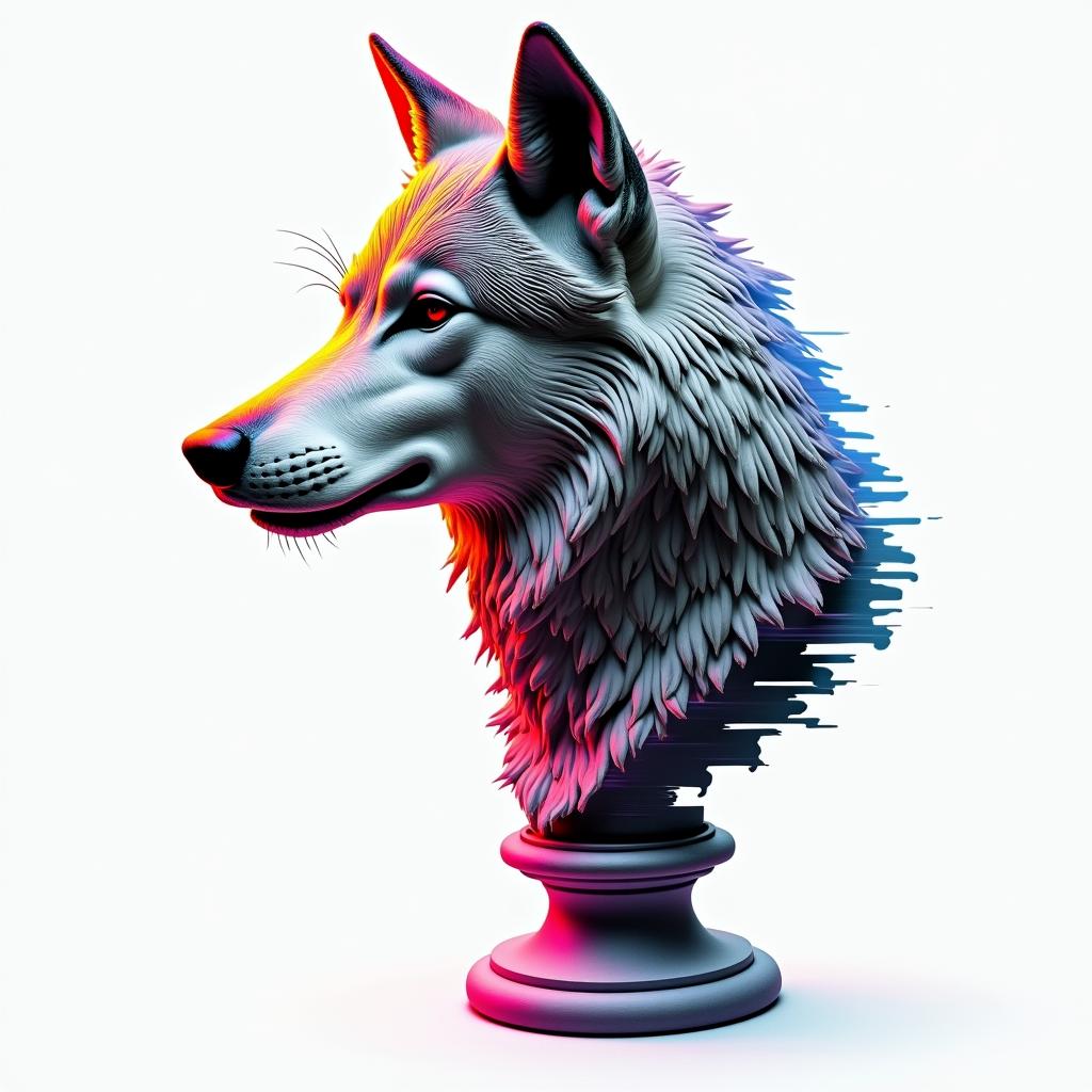 Wolfin distorted and fragmented tattoo design, featuring a classical statue bust, in a glitch art style with vibrant, overlapping colors of cyan, magenta, and yellow, creating a digital distortion effect