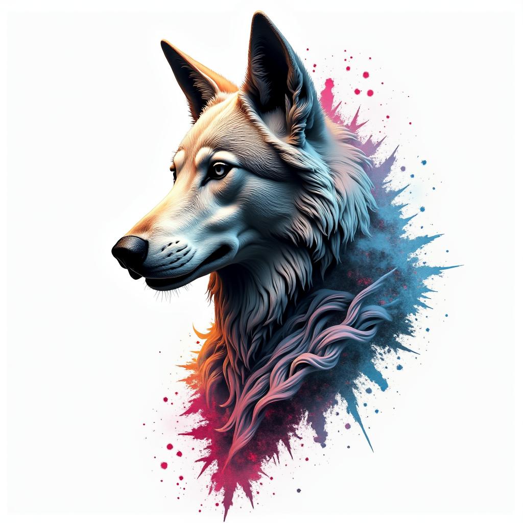 Wolfin distorted and fragmented tattoo design, featuring a classical statue bust, in a glitch art style with vibrant, overlapping colors of cyan, magenta, and yellow, creating a digital distortion effect - Variation 2