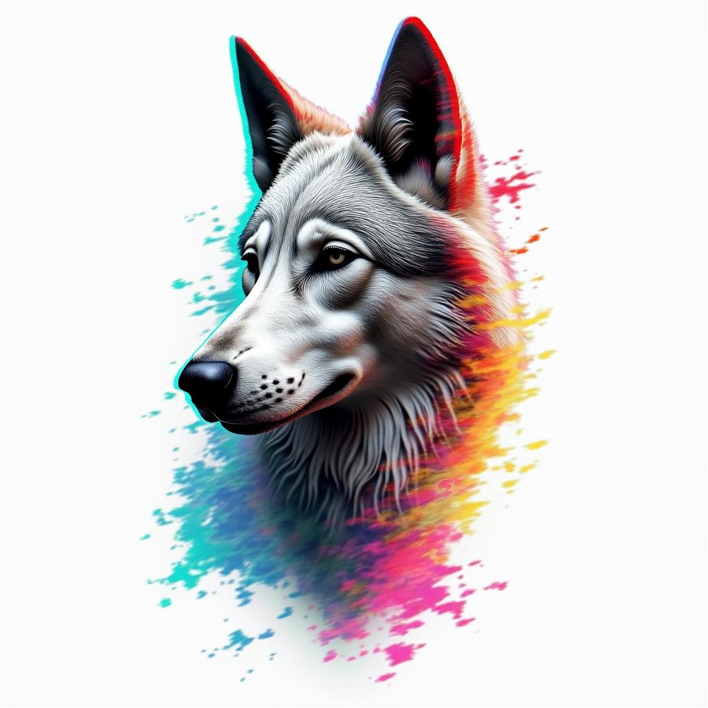 Wolfin distorted and fragmented tattoo design, featuring a classical statue bust, in a glitch art style with vibrant, overlapping colors of cyan, magenta, and yellow, creating a digital distortion effect - Variation 3