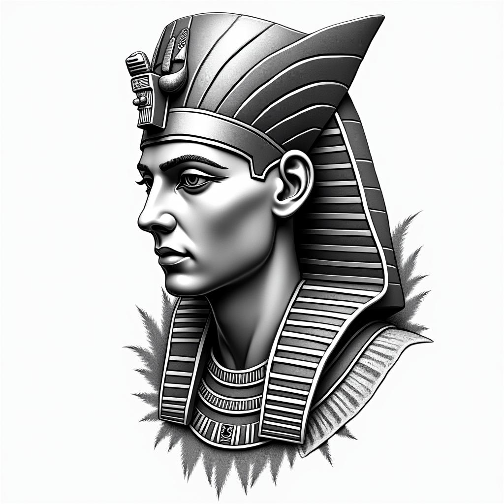 Yair,Aries, Mexicanoin egyptian style tattoo, bold elements of ancient egyptian culture including a portrait of an Egyptian pharaoh with detailed facial features, in hieroglyphs and symbolic imagery, eye of horus, ankh symbol, scarab beetle