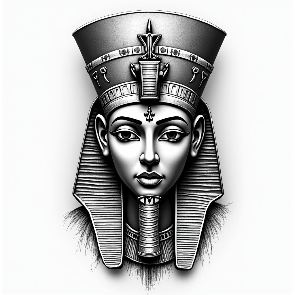 Yair,Aries, Mexicanoin egyptian style tattoo, bold elements of ancient egyptian culture including a portrait of an Egyptian pharaoh with detailed facial features, in hieroglyphs and symbolic imagery, eye of horus, ankh symbol, scarab beetle - Variation 4