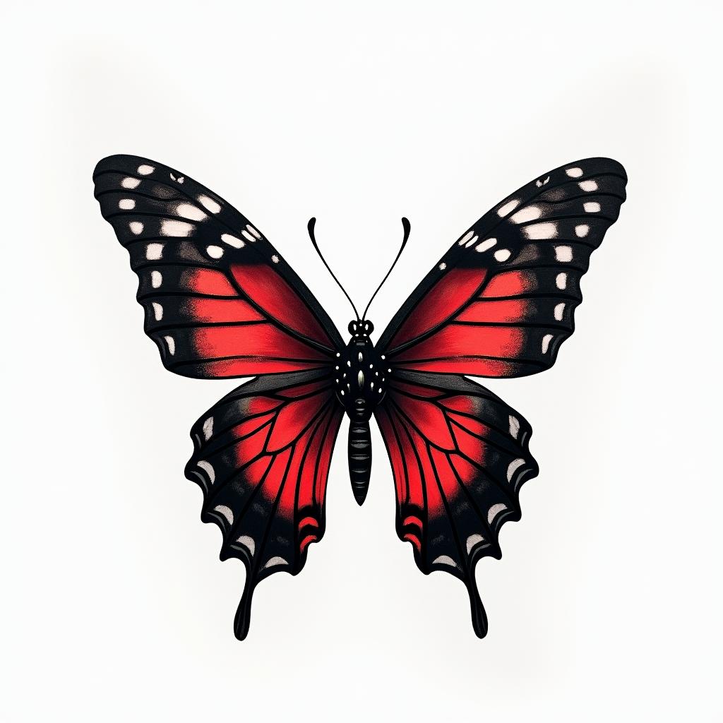 A mysterious butterfly in black and red, symbolizing the elements of growth and change. Integrated into the design is the birth date 22.01.2025, elegantly and subtly incorporated into the wing patterns to represent the special bond between the wearer and their niece.higly detailed tattoo