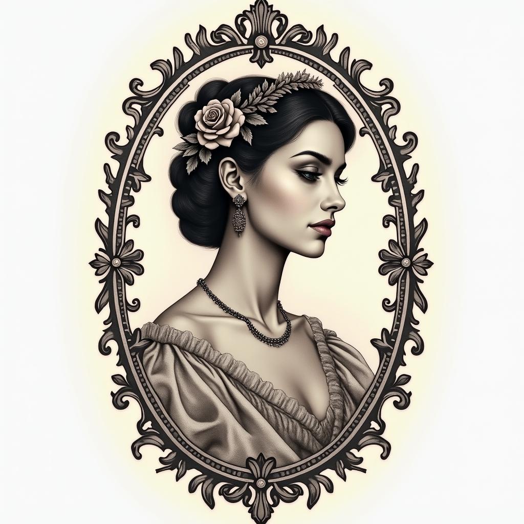 My story Joana Alves, Carneiro, 21-03-1989in victorian style tattoo, featuring vintage and elegant elements, ornate frames, roses, antique, sepia-toned color scheme - Variation 3