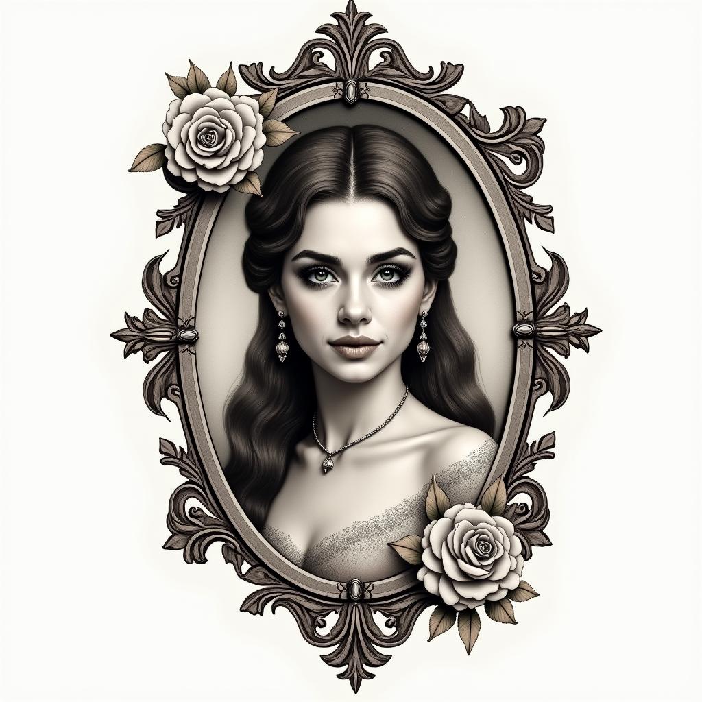 My story Joana Alves, Carneiro, 21-03-1989in victorian style tattoo, featuring vintage and elegant elements, ornate frames, roses, antique, sepia-toned color scheme - Variation 4
