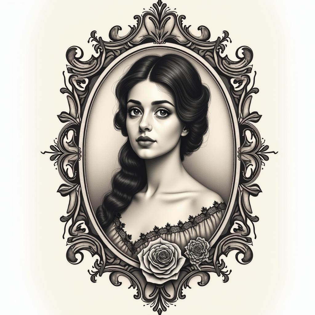 My story Joana Alves, Carneiro, 21-03-1989in victorian style tattoo, featuring vintage and elegant elements, ornate frames, roses, antique, sepia-toned color scheme - Variation 2