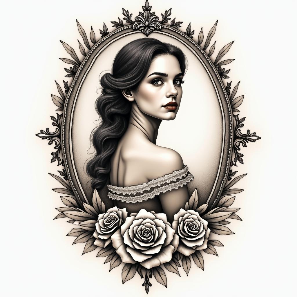 My story Joana Alves, Carneiro, 21-03-1989in victorian style tattoo, featuring vintage and elegant elements, ornate frames, roses, antique, sepia-toned color scheme