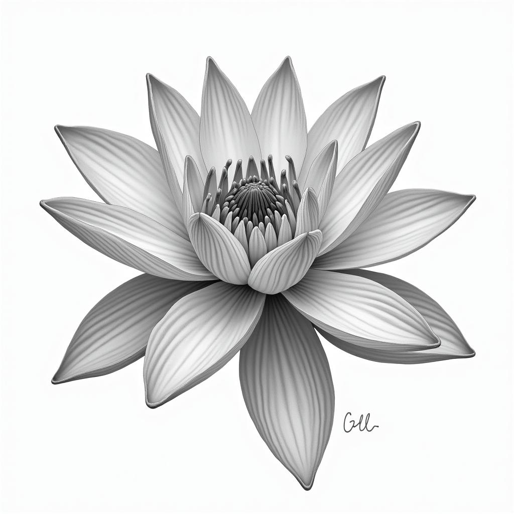 Water lilyin realism tattoo style, featuring a highly detailed, lifelike, capturing every detail, photorealistic, ultra realistic, intricate shading, smooth and sharp,   - Variation 2