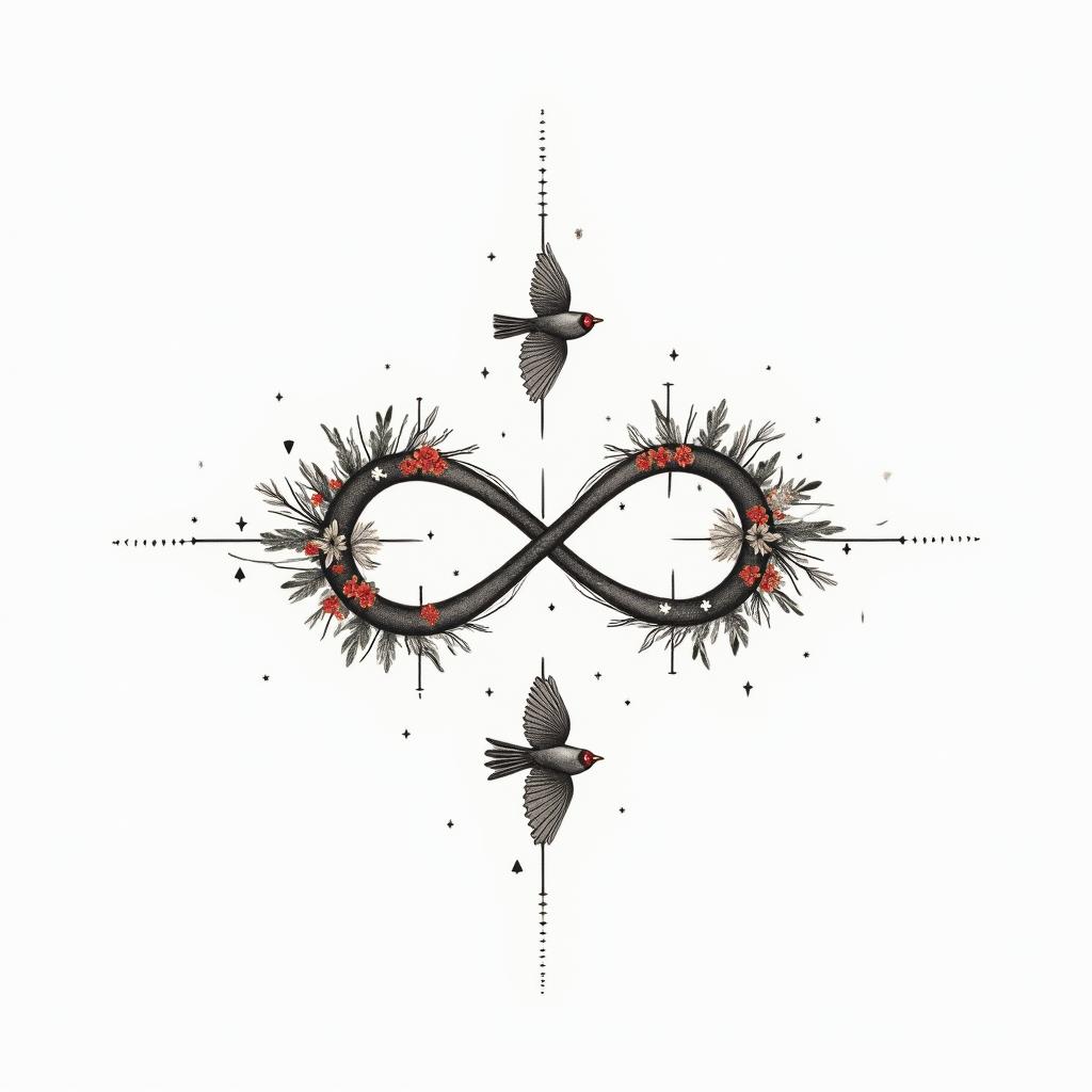 Infinity
with the names Haley, Gabby, Kal-El & Arthur. Add flowers, 2 birds and color.in minimalist style tattoo, featuring simple shapes and fine lines, with minimal shading and details, tiny triangles, creating a sense of balance and harmony - Variation 10