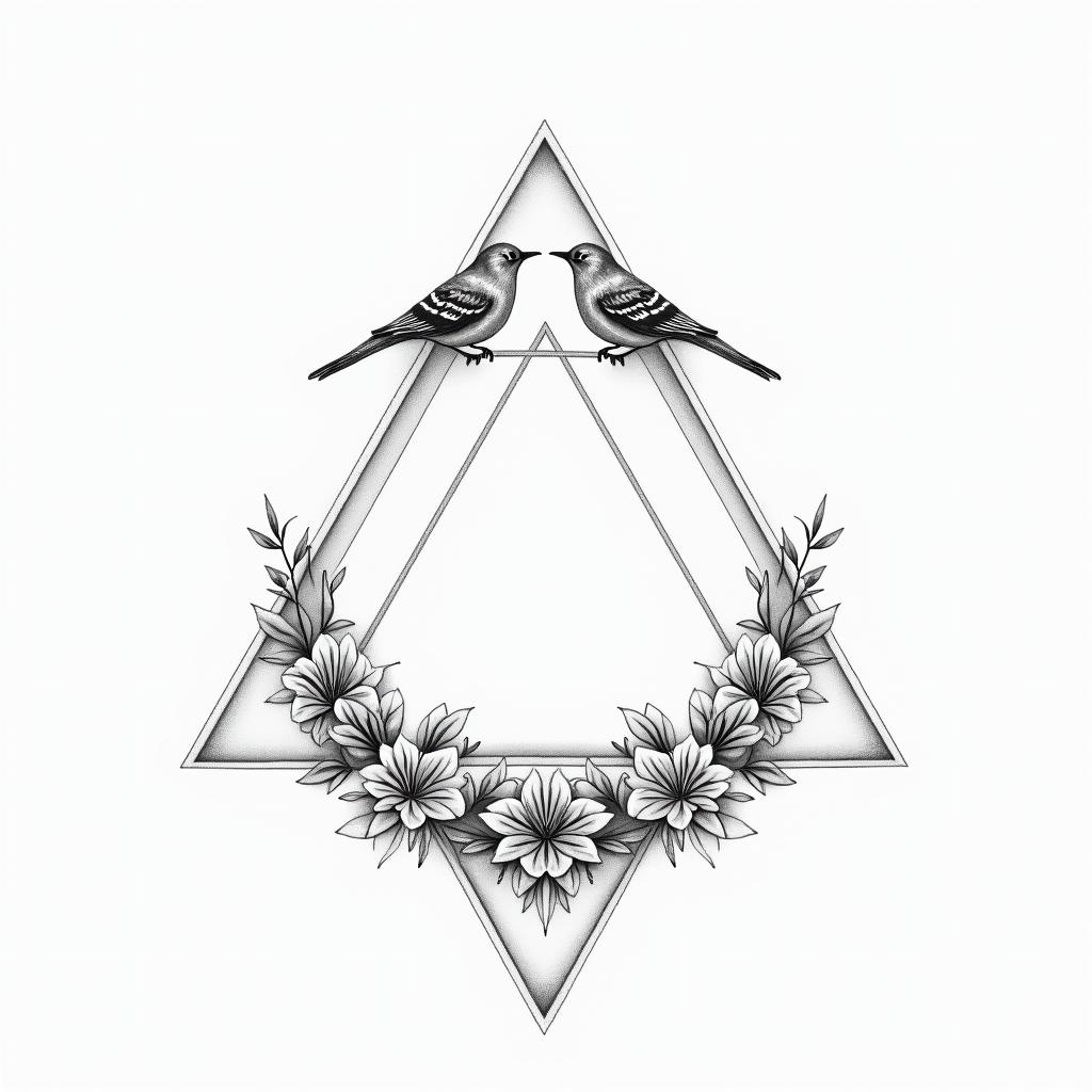 Infinity
with the names Haley, Gabby, Kal-El & Arthur. Add flowers, 2 birds and color.in minimalist style tattoo, featuring simple shapes and fine lines, with minimal shading and details, tiny triangles, creating a sense of balance and harmony - Variation 11