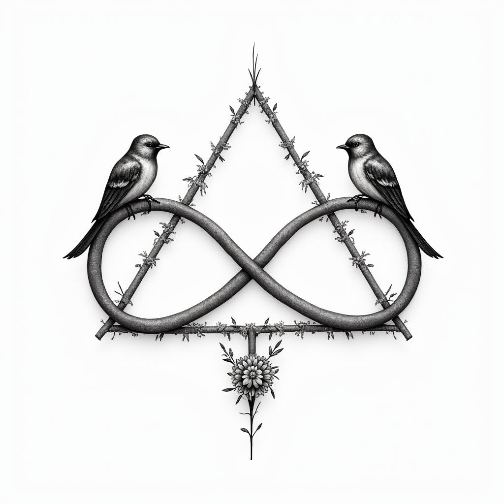 Infinity
with the names Haley, Gabby, Kal-El & Arthur. Add flowers, 2 birds and color.in minimalist style tattoo, featuring simple shapes and fine lines, with minimal shading and details, tiny triangles, creating a sense of balance and harmony - Variation 12