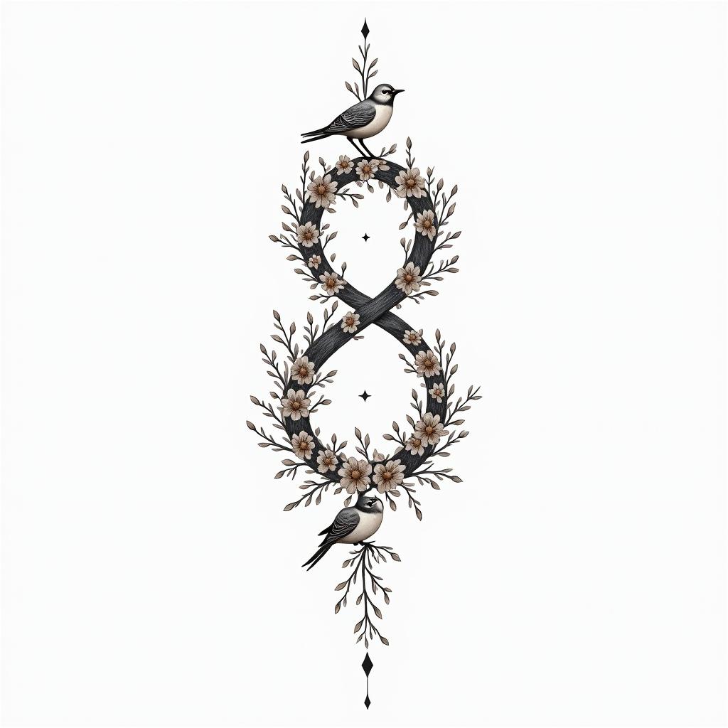 Infinity
with the names Haley, Gabby, Kal-El & Arthur. Add flowers, 2 birds and color.in minimalist style tattoo, featuring simple shapes and fine lines, with minimal shading and details, tiny triangles, creating a sense of balance and harmony - Variation 9