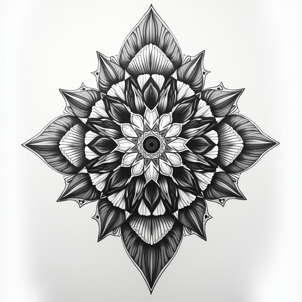 Shoulder time tattoo in geometric style tattoo, blending hexagons, mandala-inspired patterns, symmetrical and fractal design, clean lines, sharp angles - Variation 1
