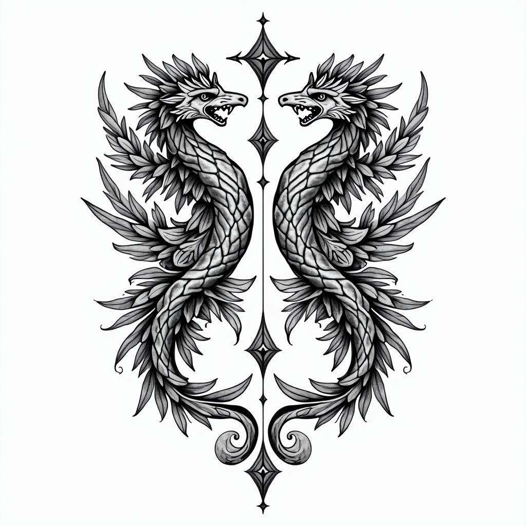 Gemini incorporating the names “Ariyah”, “Mikai” and “Akacius”in ornamental tattoo style, featuring intricate symmetrical patterns and floral designs, showcasing highly detailed line work and geometric shapes, creating a sense of elegance and balance - Variation 4