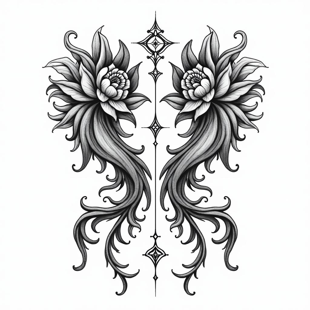 Gemini incorporating the names “Ariyah”, “Mikai” and “Akacius”in ornamental tattoo style, featuring intricate symmetrical patterns and floral designs, showcasing highly detailed line work and geometric shapes, creating a sense of elegance and balance - Variation 3