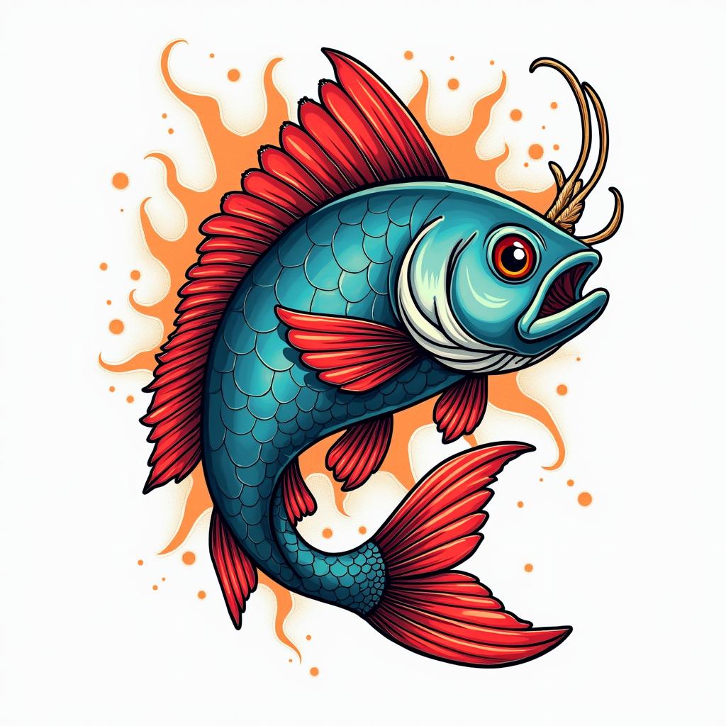 Fish of the seain pop art style tattoo, featuring bold and vibrant colors, exaggerated outlines, iconic imagery, inspired by comic books and speech bubbles, comic book characters, retro pop culture - Variation 2