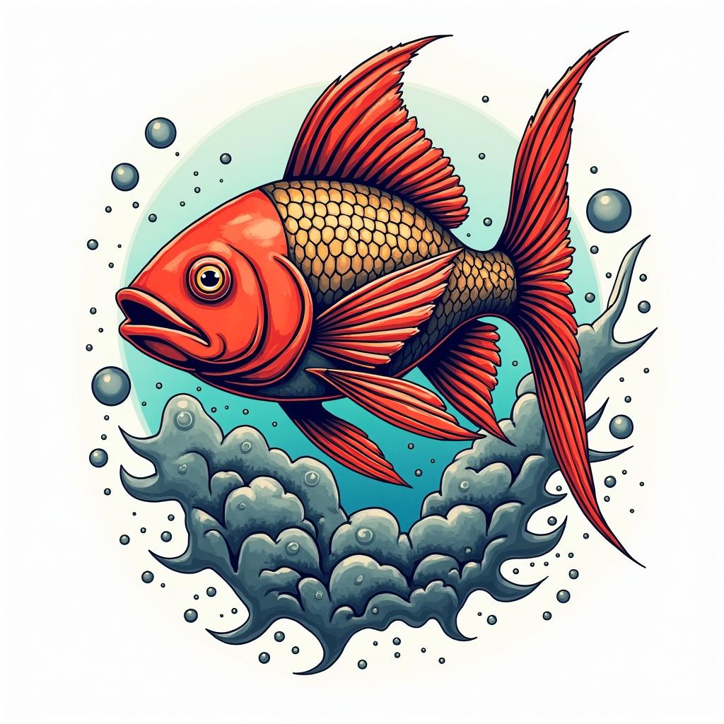Fish of the seain pop art style tattoo, featuring bold and vibrant colors, exaggerated outlines, iconic imagery, inspired by comic books and speech bubbles, comic book characters, retro pop culture - Variation 3