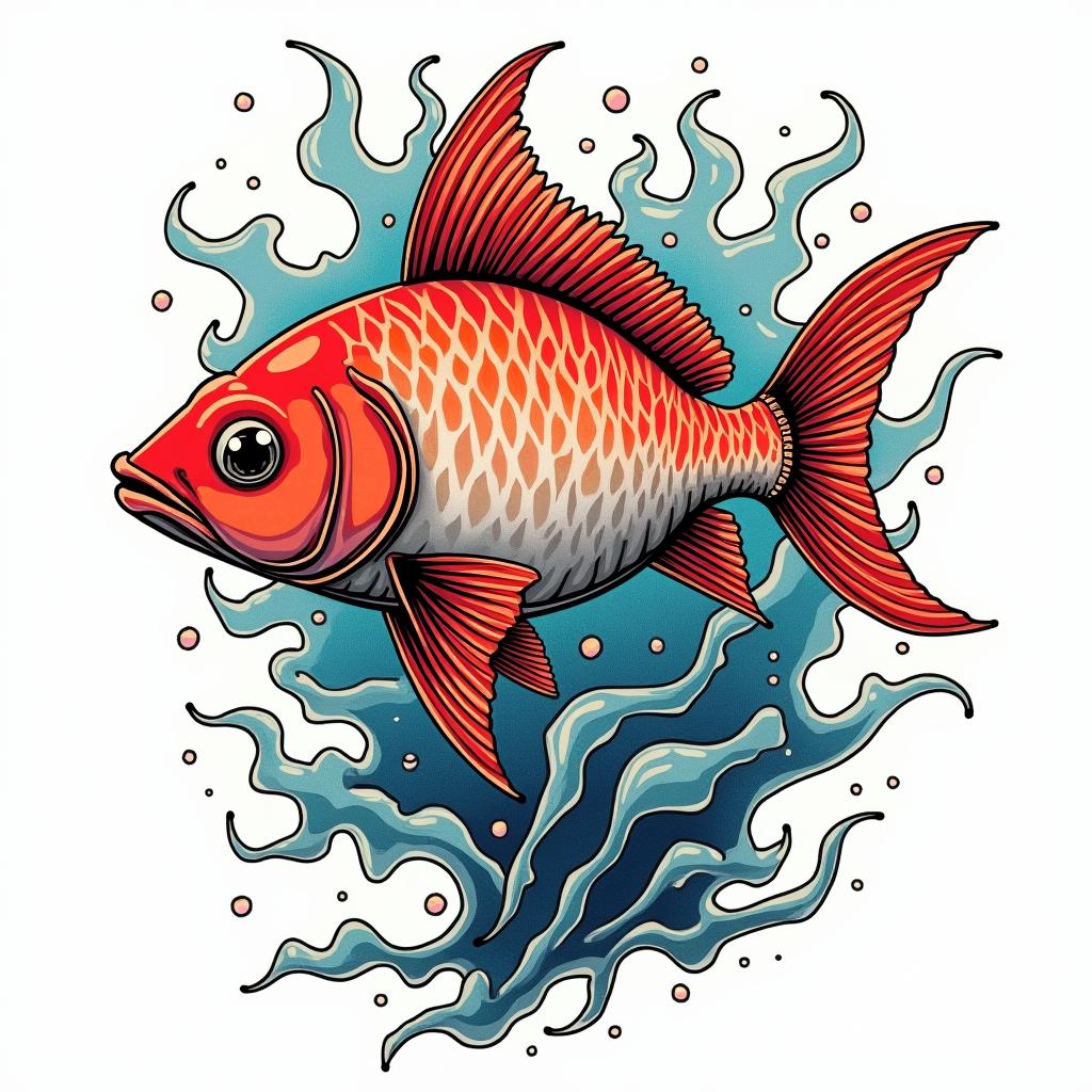 Fish of the seain pop art style tattoo, featuring bold and vibrant colors, exaggerated outlines, iconic imagery, inspired by comic books and speech bubbles, comic book characters, retro pop culture - Variation 1