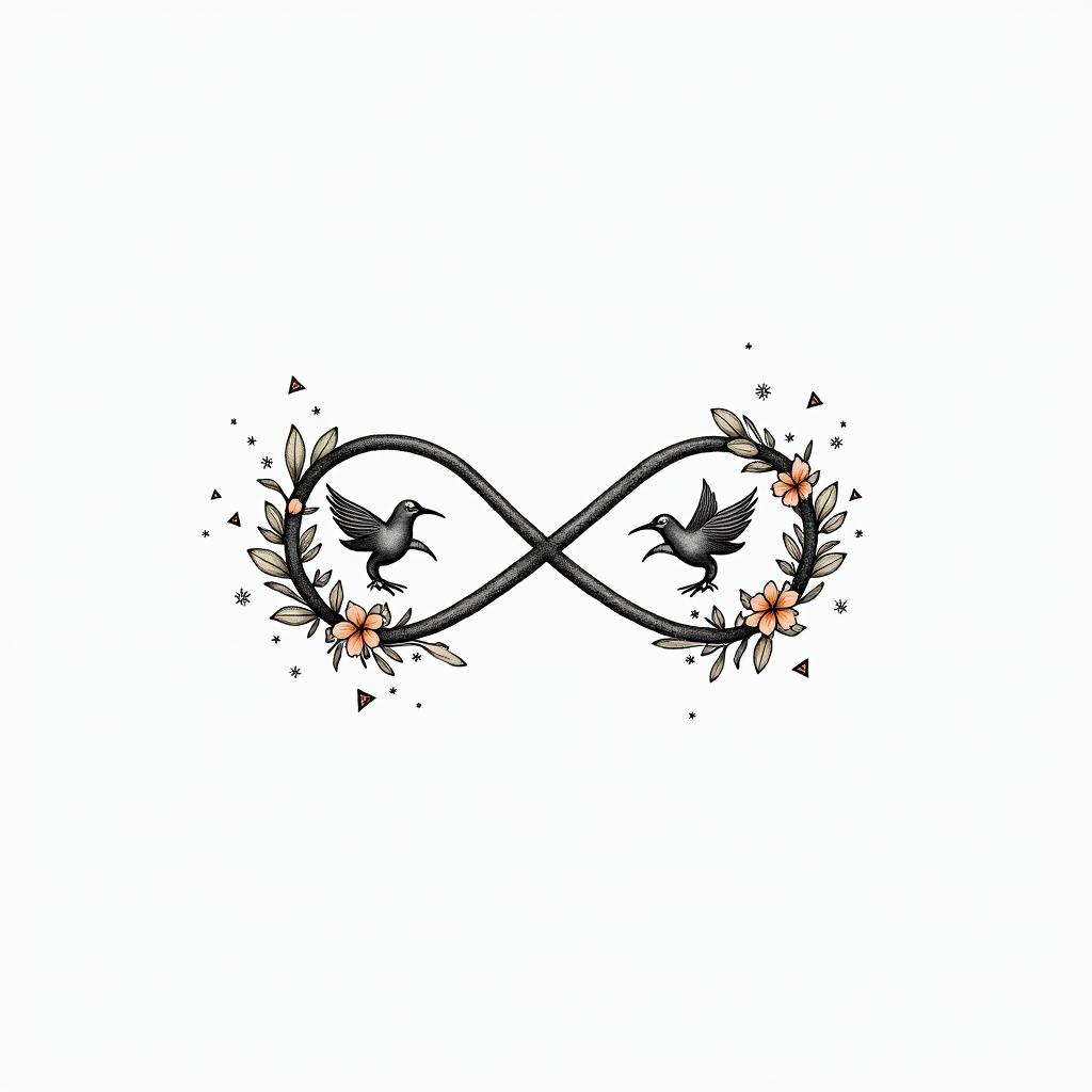 Infinity
with the names Haley, Gabby, Kal-El & Arthur. Add flowers, 2 birds and color.in minimalist style tattoo, featuring simple shapes and fine lines, with minimal shading and details, tiny triangles, creating a sense of balance and harmony