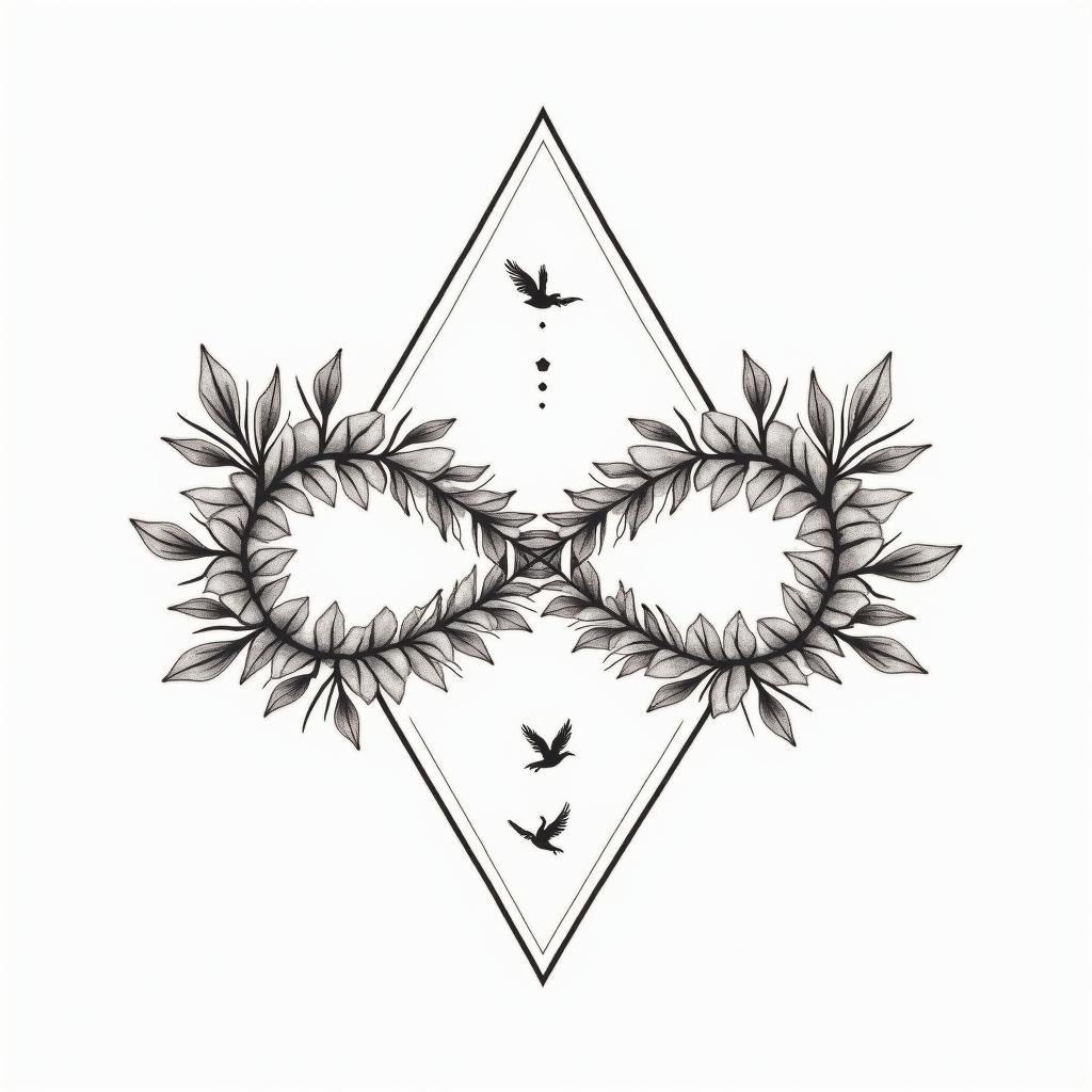 Infinity
with the names Haley, Gabby, Kal-El & Arthur. Add flowers, 2 birds and color.in minimalist style tattoo, featuring simple shapes and fine lines, with minimal shading and details, tiny triangles, creating a sense of balance and harmony - Variation 3