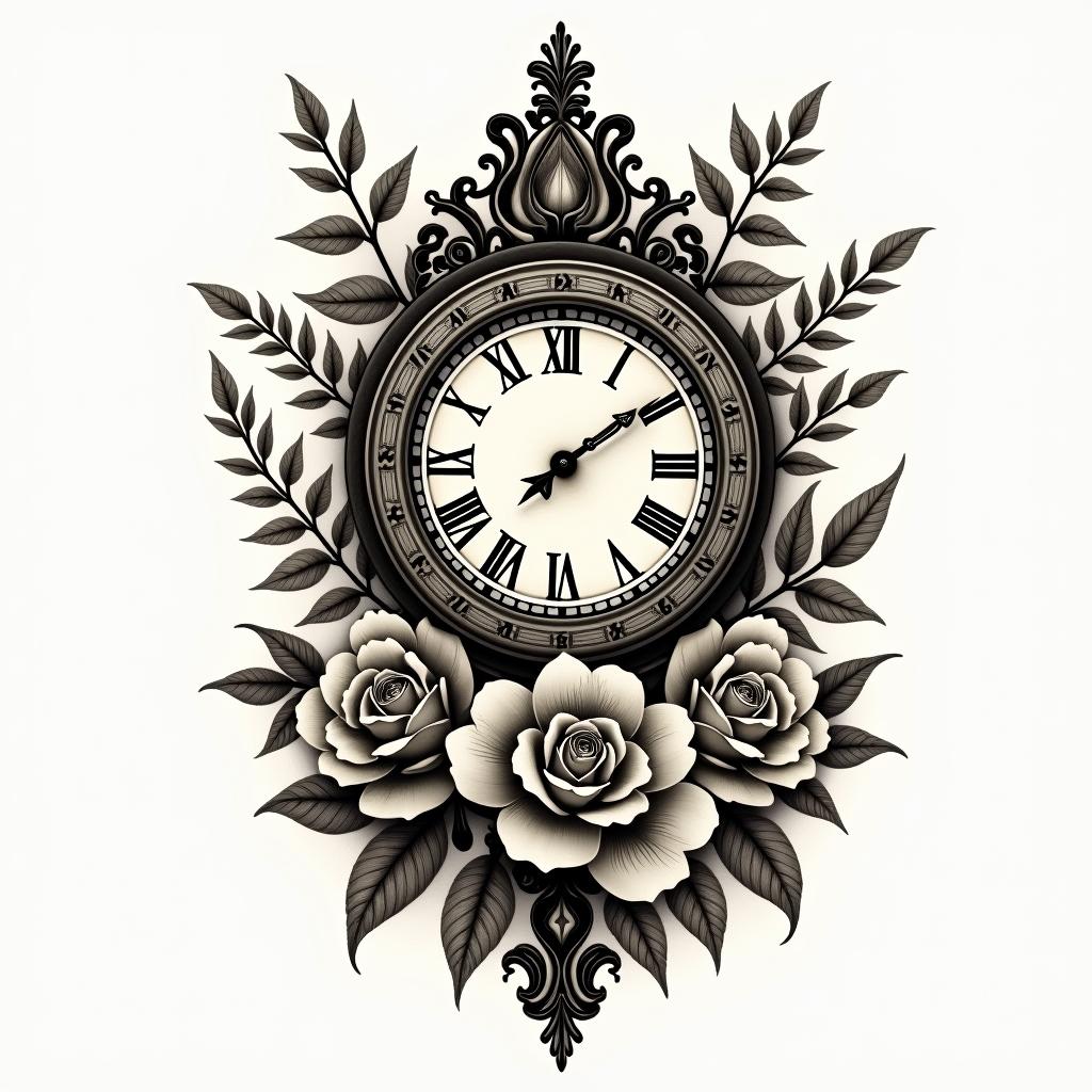 Floral vintage clocks books treesin victorian style tattoo, featuring vintage and elegant elements, ornate frames, roses, antique, sepia-toned color scheme - Variation 2