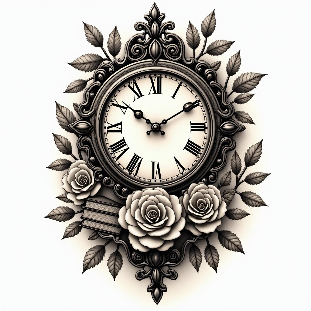 Floral vintage clocks books treesin victorian style tattoo, featuring vintage and elegant elements, ornate frames, roses, antique, sepia-toned color scheme - Variation 3
