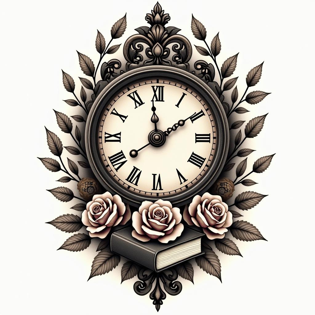 Floral vintage clocks books treesin victorian style tattoo, featuring vintage and elegant elements, ornate frames, roses, antique, sepia-toned color scheme - Variation 4