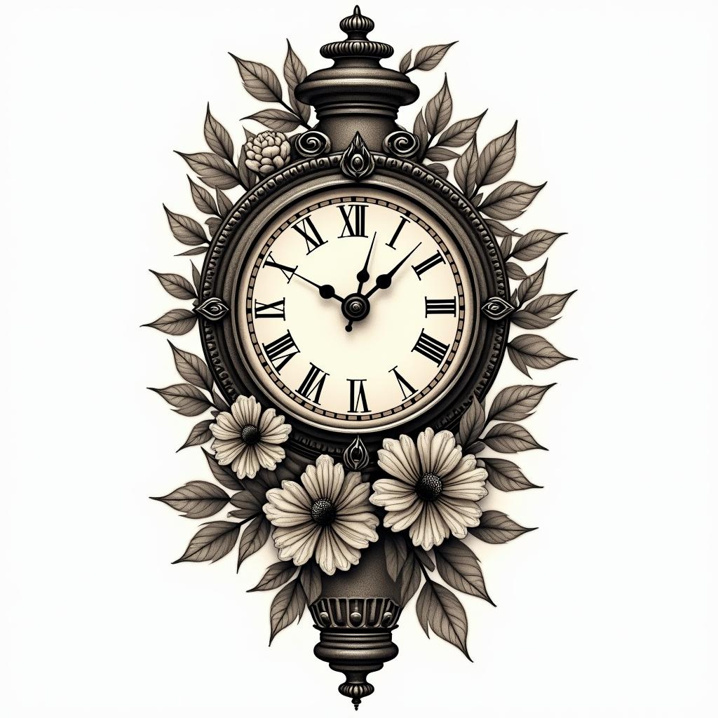 Floral vintage clocks books treesin victorian style tattoo, featuring vintage and elegant elements, ornate frames, roses, antique, sepia-toned color scheme