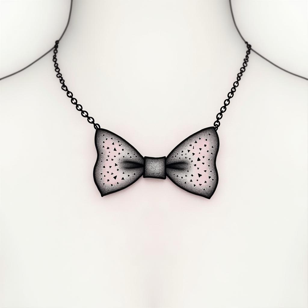 I wear a bow necklace all the time and my favorite color is pinkin minimalist style tattoo, featuring simple shapes and fine lines, with minimal shading and details, tiny triangles, creating a sense of balance and harmony